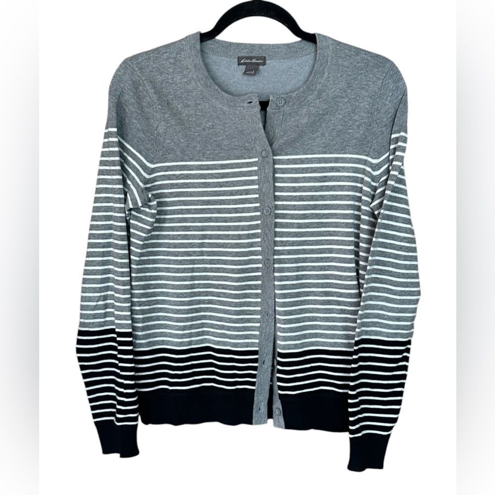 Eddie Bauer Striped Cardigan Sweater - Black Gray White. Button Closure. Size S - Picture 1 of 6
